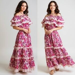 Vintage Floral Halter Maxi Dress Pink White Ruffle Small